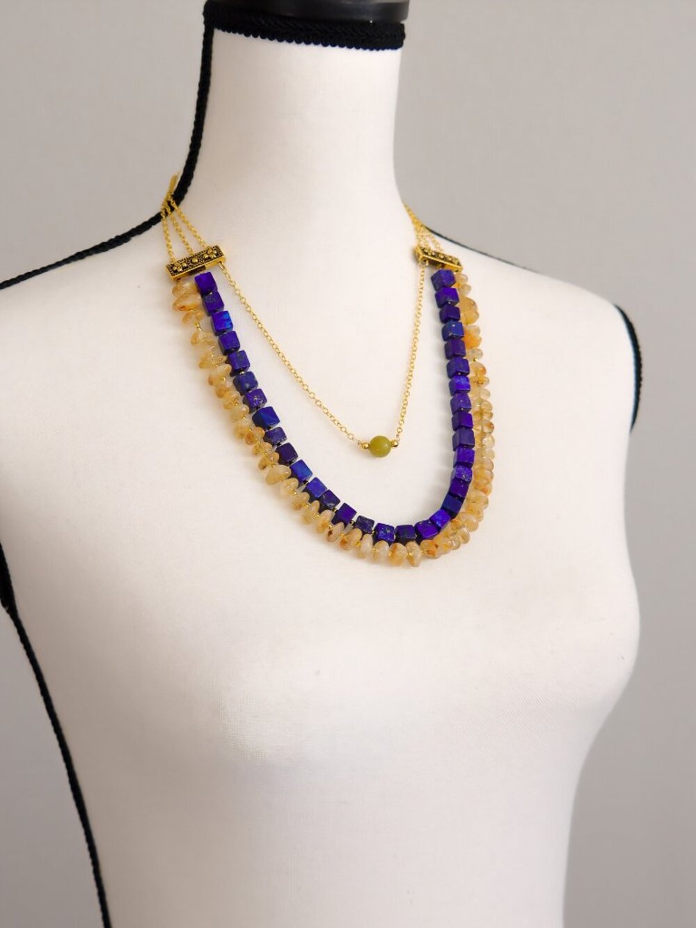 Lapis, Citrine & Olive Jade Statement Necklace - Picture 6 of 6